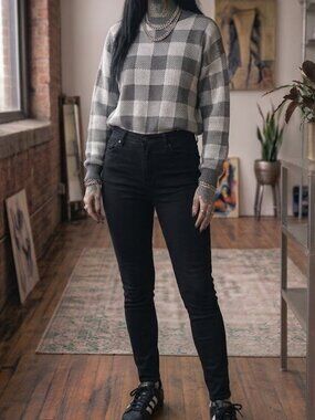 Vintage NUGGETS Gray & White Checkered Acrylic Sweater Size M Made in Korea